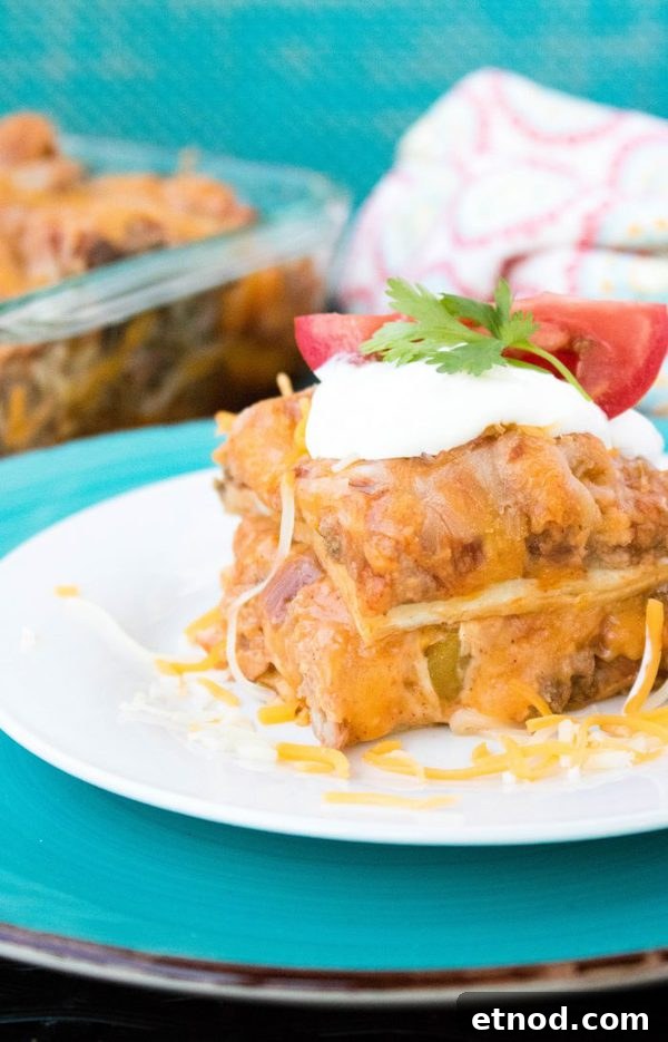 Cheesy Beef Enchilada Casserole Recipe for Family Dinners 8 beef enchilada casserole topped with cheese, sour cream, and cilantro.