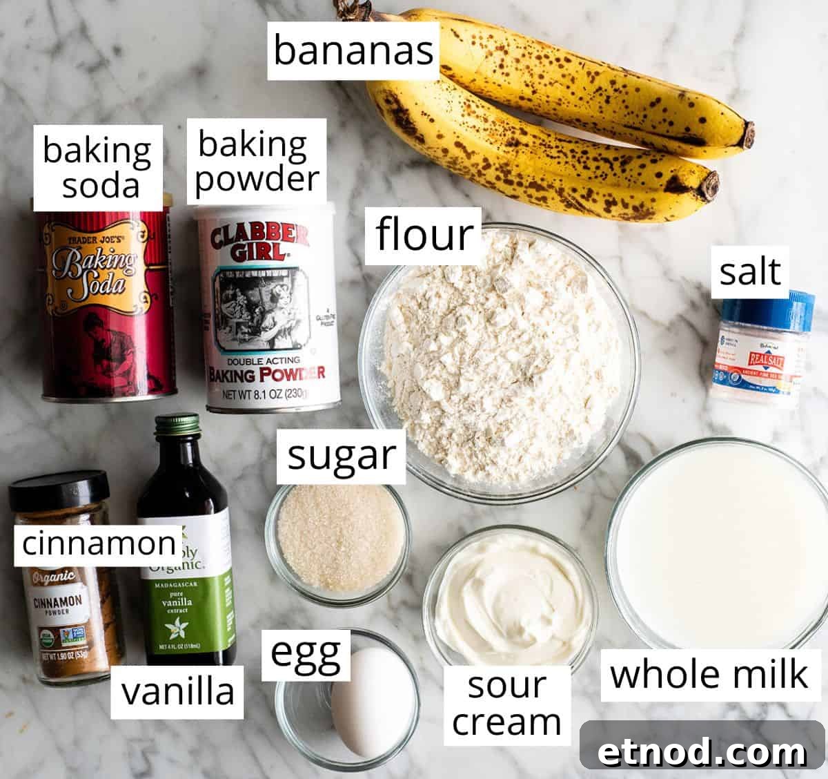 Labeled ingredients overhead view of the labeled ingredients in this banana pancakes recipe