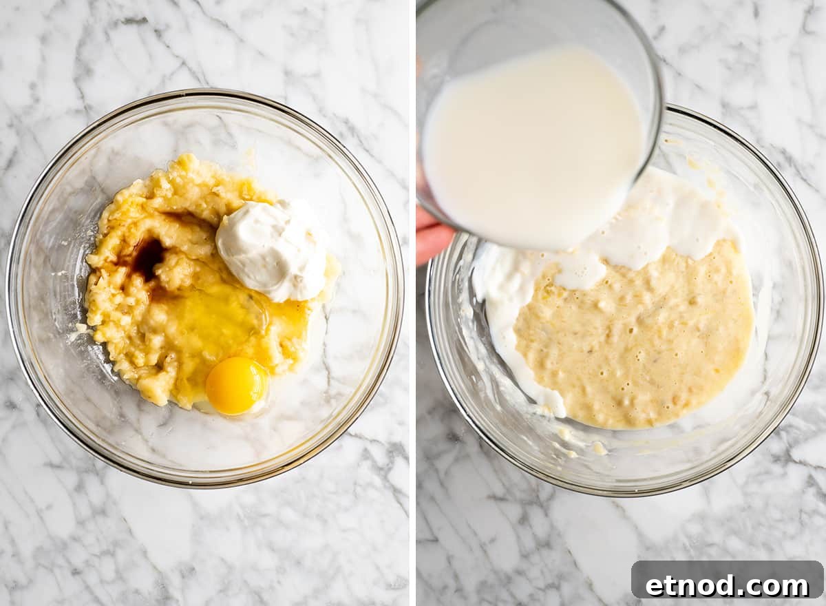 Mixing batter two overhead photos showing how to make banana pancakes