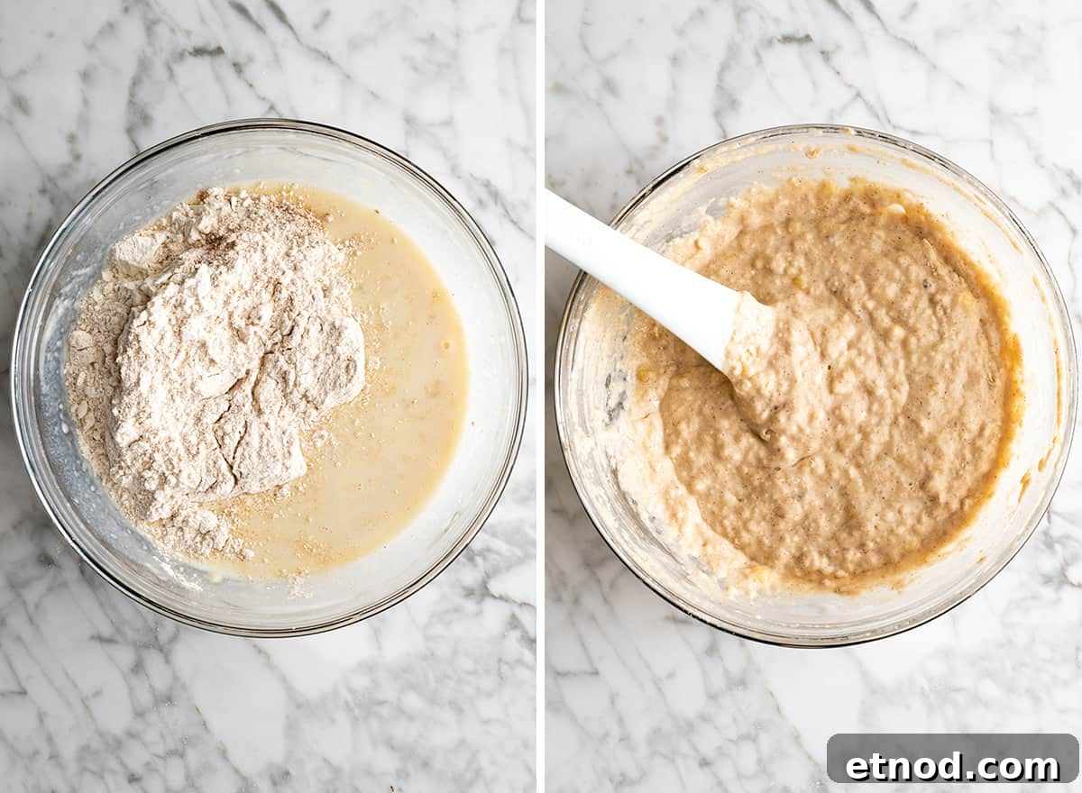 Batter ready two overhead photos showing how to make banana pancakes