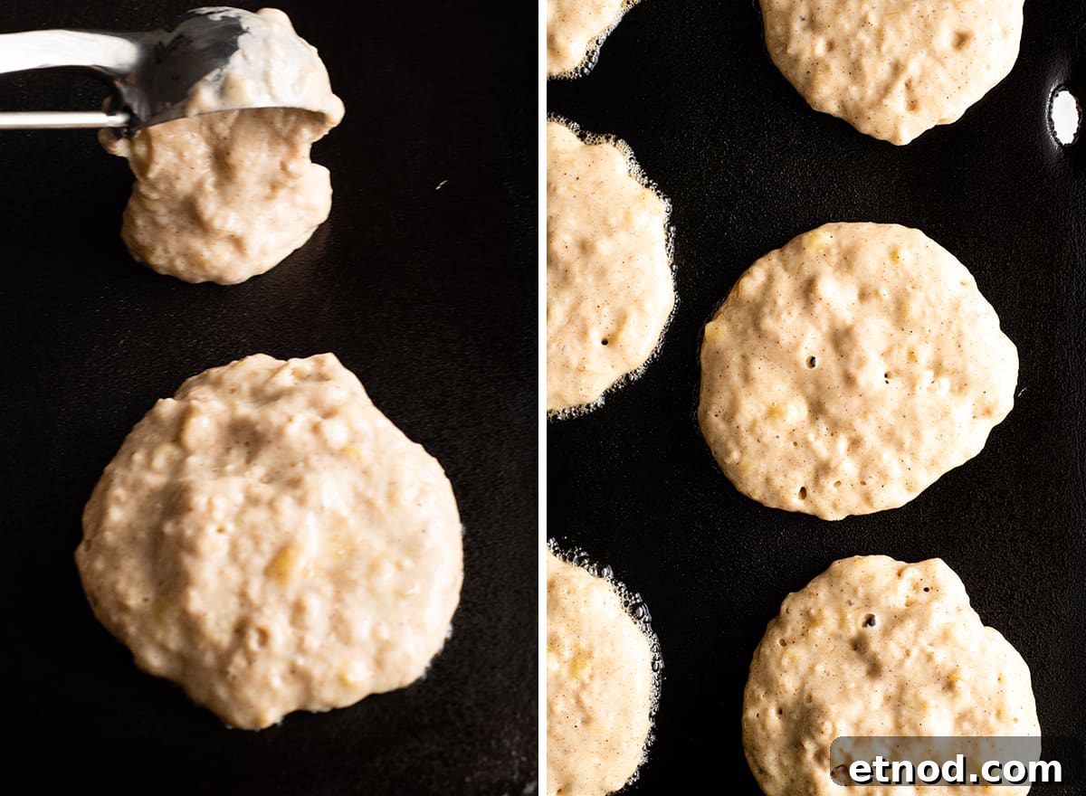 Cooking pancakes two overhead photos showing how to make banana pancakes