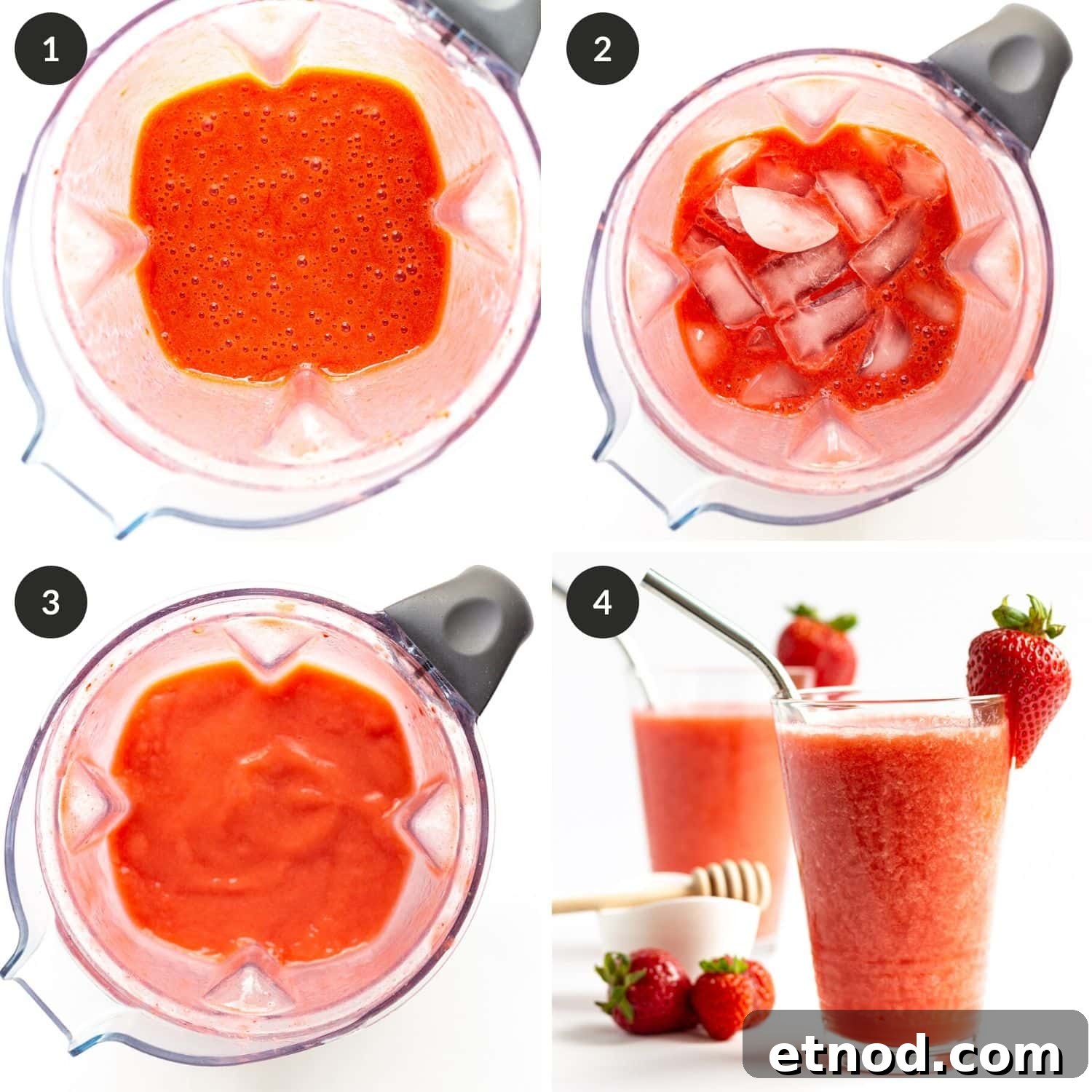 Refreshing Strawberry Slush Recipe for Summer Sips 5 Collage of photos showing step by step process for healthy homemade strawberry slushies.