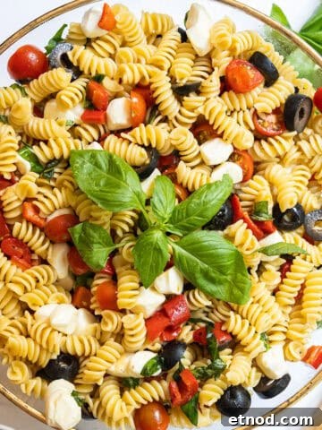 Italian pasta salad in large bowl garnished with basil.