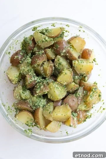 pesto completely combined with red potatoes