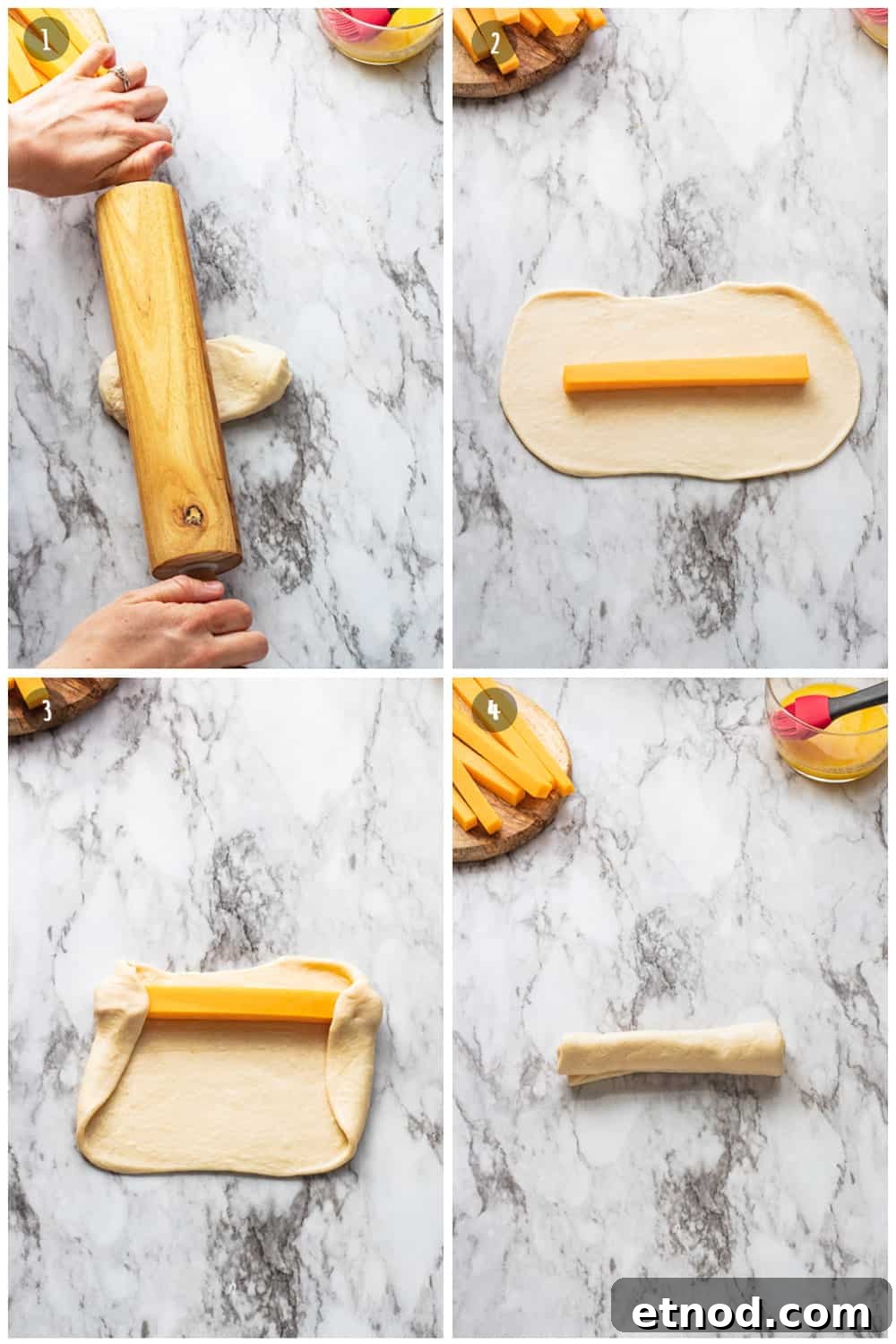 Easy cheese stuffed pretzel with homemade soft pretzel dough, stuffed with cheddar cheese and crunchy seasonings on top. Rolling dough out on marble table, cheese in middle of dough, rolling cheese into dough rectangle, finished raw pretzel stick.