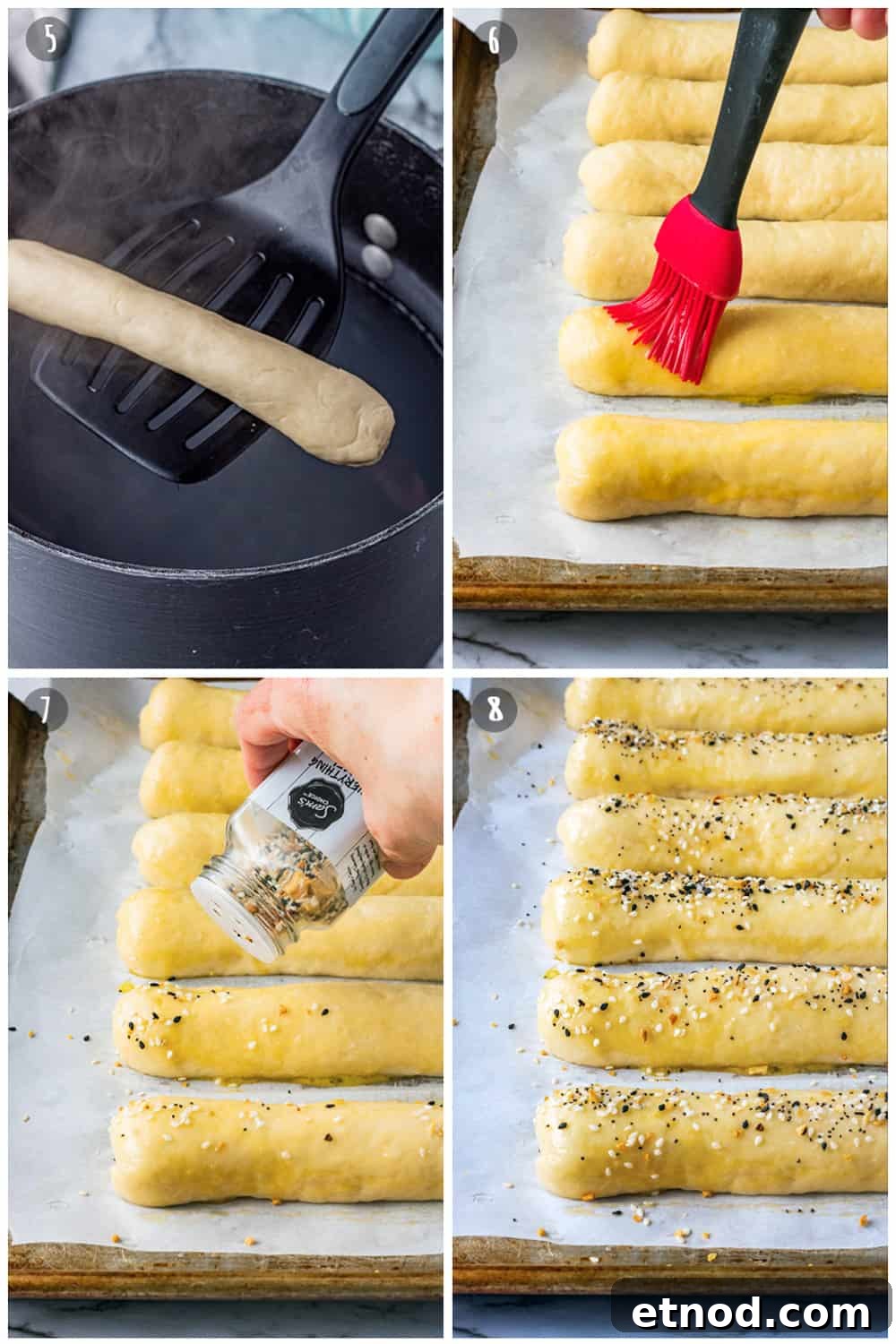Easy cheese stuffed pretzel with homemade soft pretzel dough, stuffed with cheddar cheese and crunchy seasonings on top. Boiled raw pretzel stick, brushing egg on dough, sprinkling seasoning onto dough, raw pretzels laying on a pan.