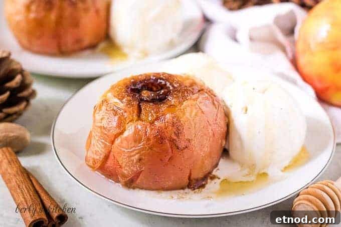 Warm Cinnamon Baked Apples with Caramel Drizzle 2 One baked apple served with a scoop of ice cream.