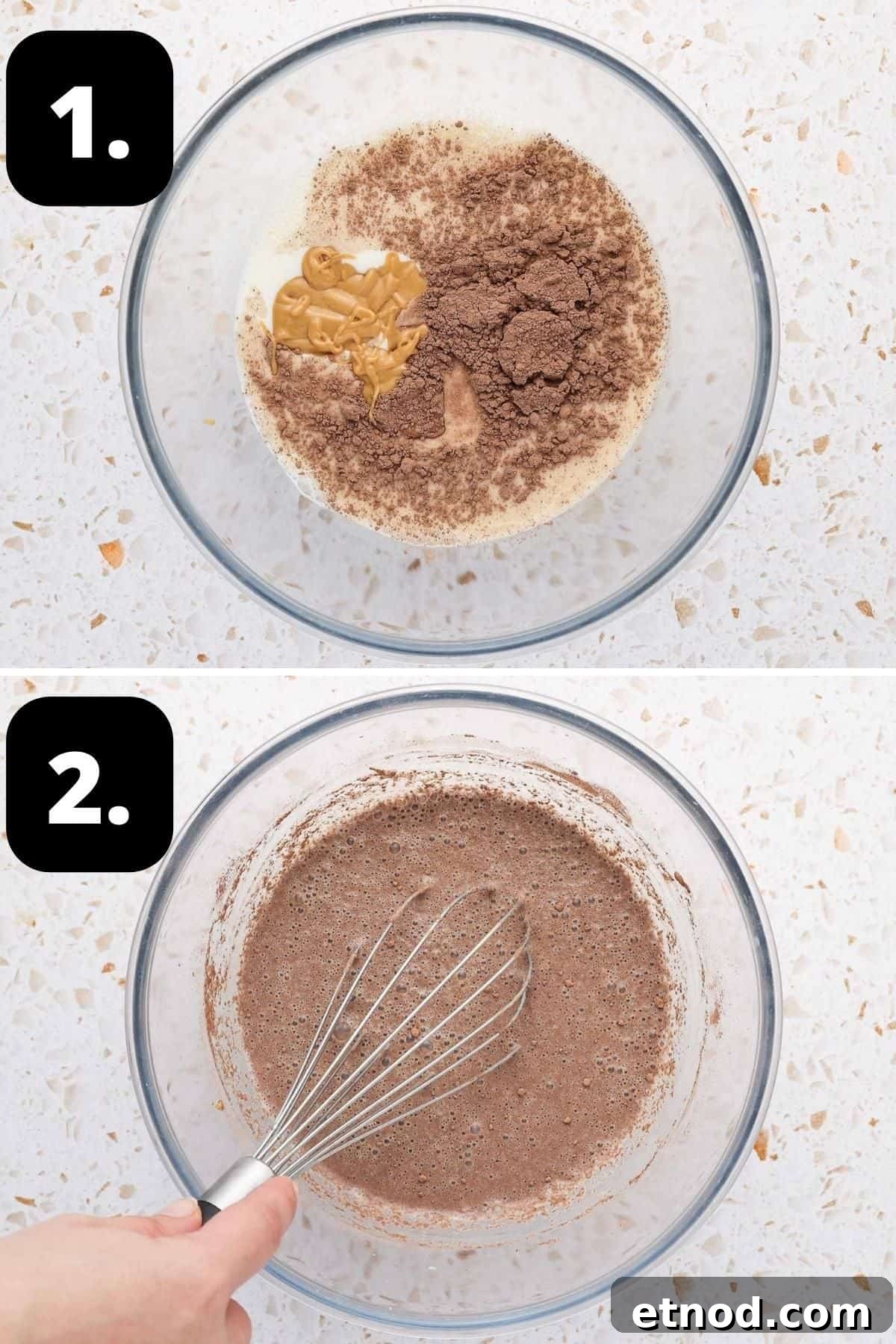 Steps 1-2 of preparing this recipe - the cacao, peanut butter and milk in a bowl and the mixture combined.