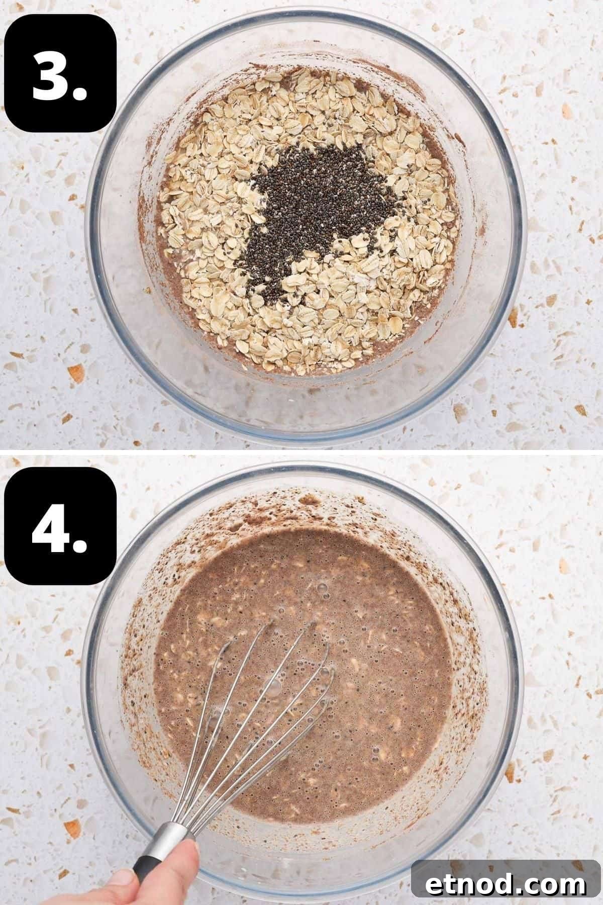 Steps 3-4 of preparing this recipe - adding the oats and chia to the wet ingredients and the mixture combined ready to go in the fridge.