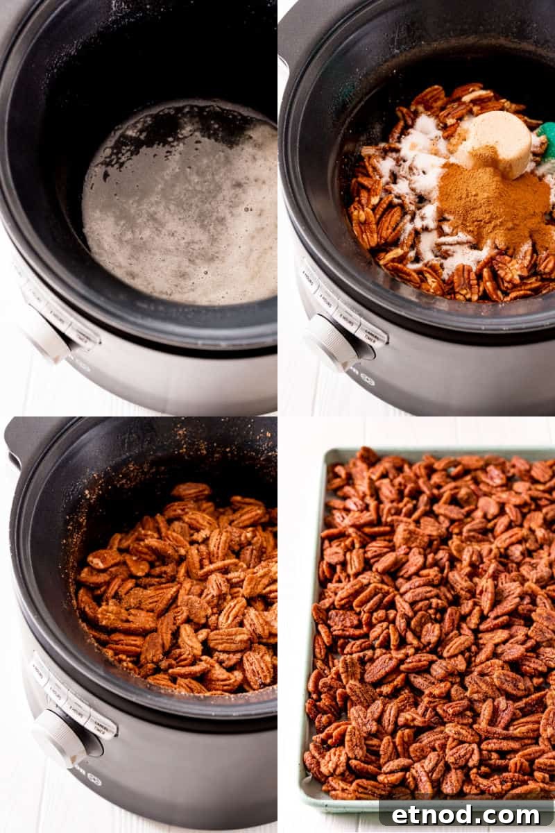 Candied Pecans made in a crockpot are an addictive party treat! With a delicious maple bourbon coating, they’re a great edible gift too! collage of beaten egg white in a crockpot, pecans, sugar, and seasoning in crock pot, pecans coated in sugar and spices ready to cook, candied pecans spread out on a baking sheet to dry