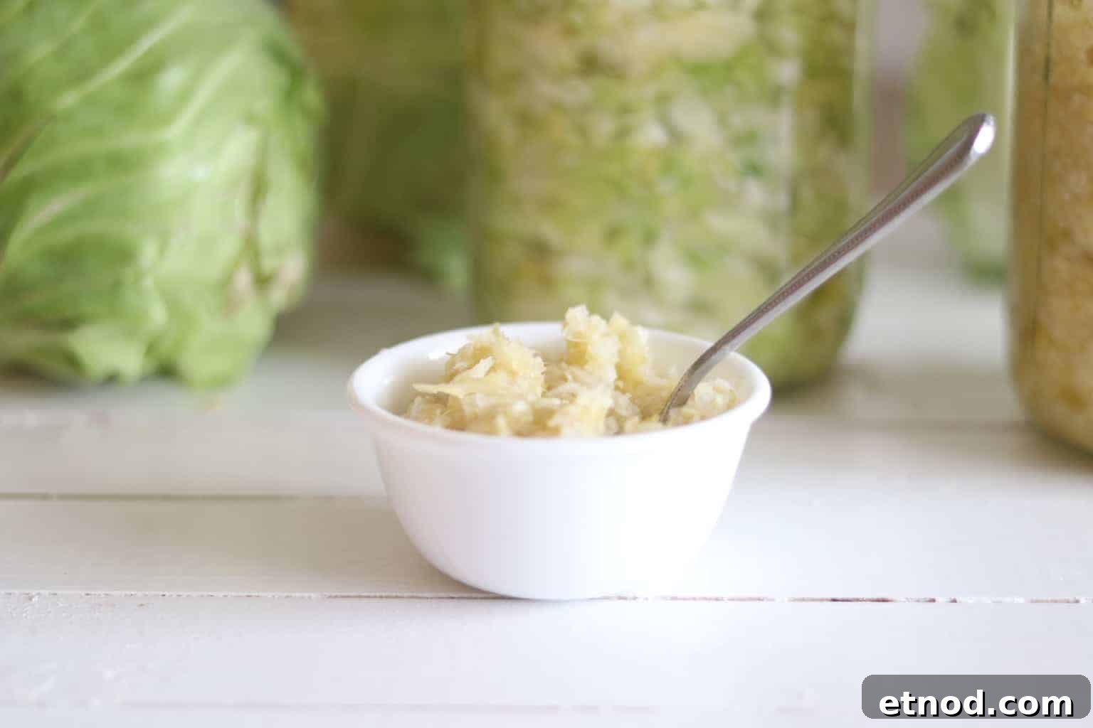 Quick 2-Ingredient Sauerkraut Recipe for Tangy Homemade Ferment 2 Small white bowl of sauerkraut with cabbage in background.