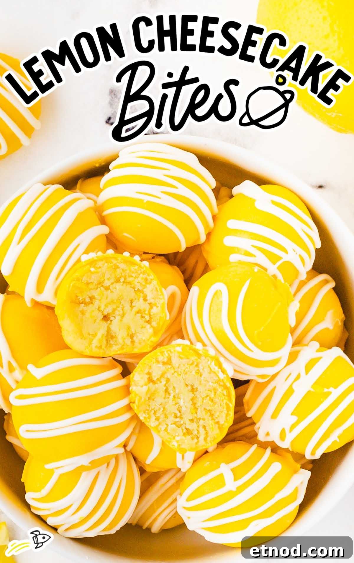 Mini Lemon Cheesecake Bites: Creamy No-Bake Dessert Recipe 2 overhead shot of Lemon Cheesecake Bites in a bowl with one split in half