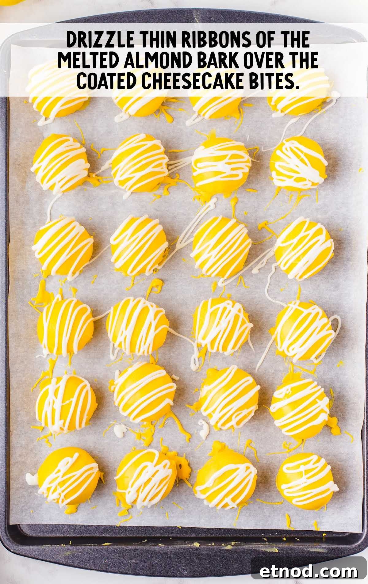 Mini Lemon Cheesecake Bites: Creamy No-Bake Dessert Recipe 6 melted almond bark drizzled over the cheesecake bites on a baking sheet