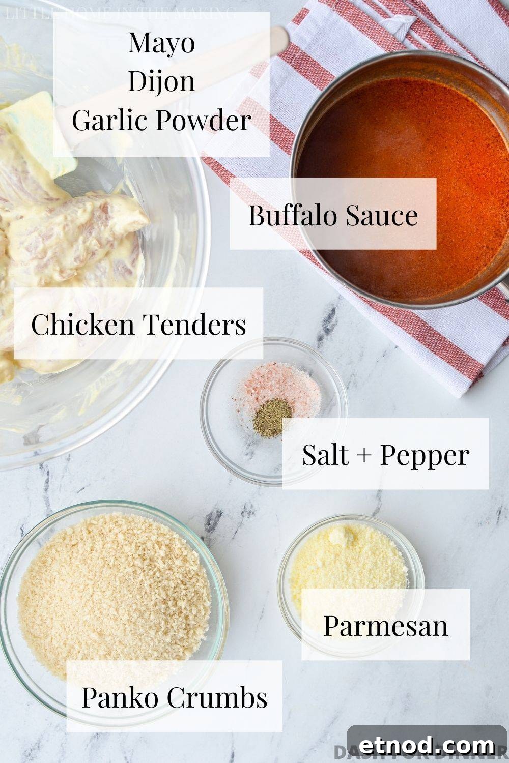 Crispy Buffalo Chicken Tenders in the Air Fryer 3 The ingredients needed to make air fryer buffalo chicken tenders.