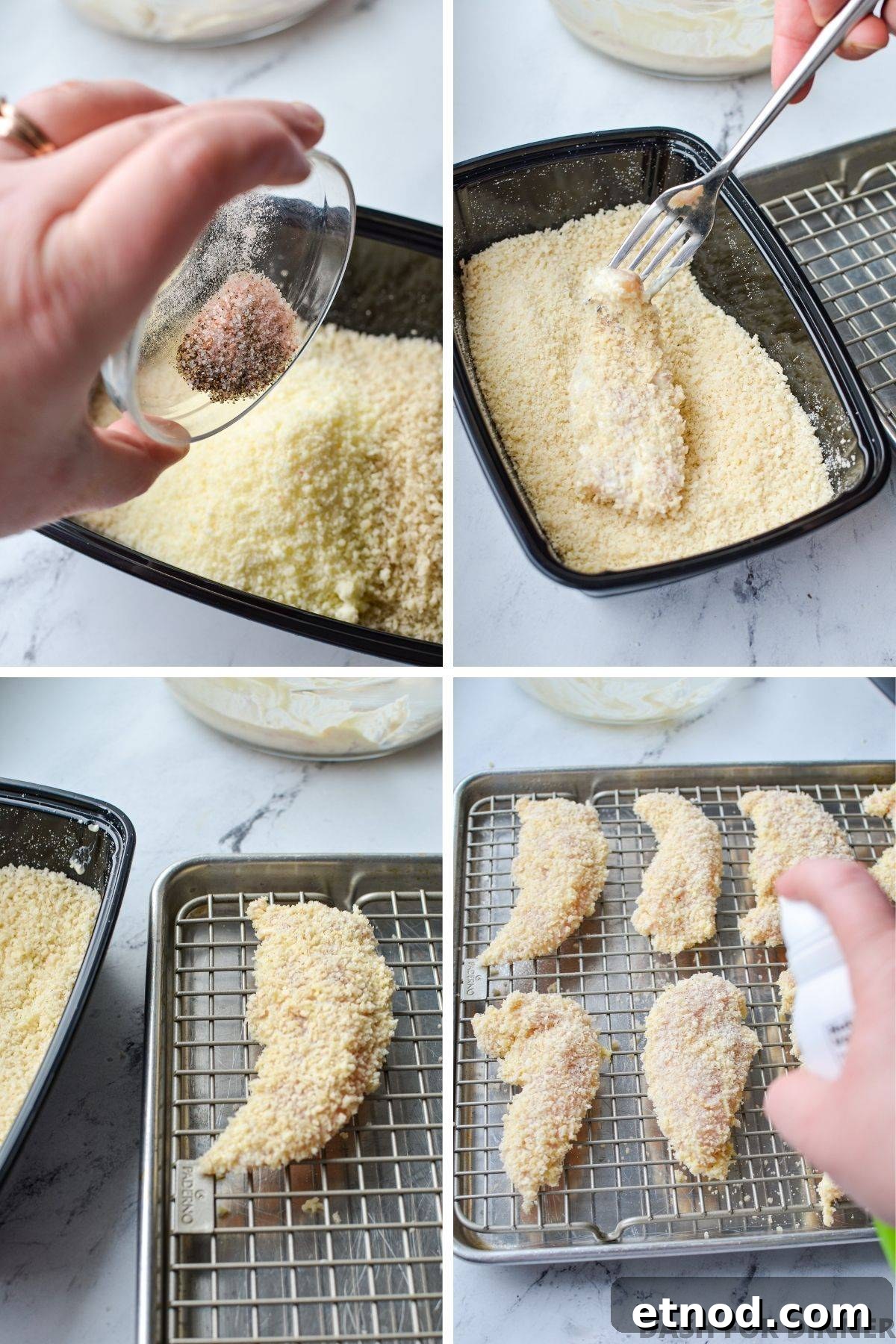Crispy Buffalo Chicken Tenders in the Air Fryer 5 Combining the ingredients for a breading in a small container and then coating chicken tenders in the breading.