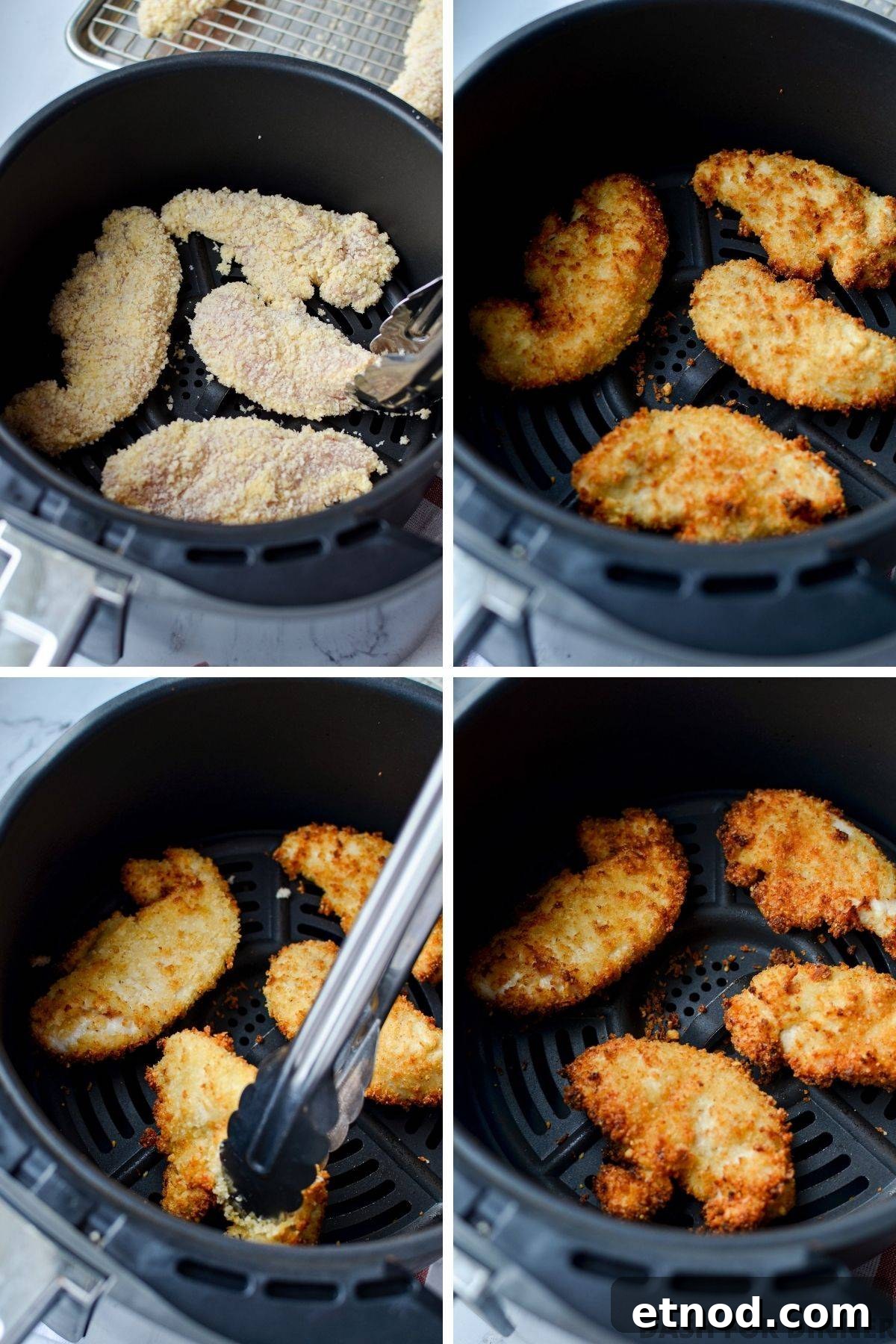 Crispy Buffalo Chicken Tenders in the Air Fryer 6 Adding breaded chicken tenders to an air fryer basket to cook.