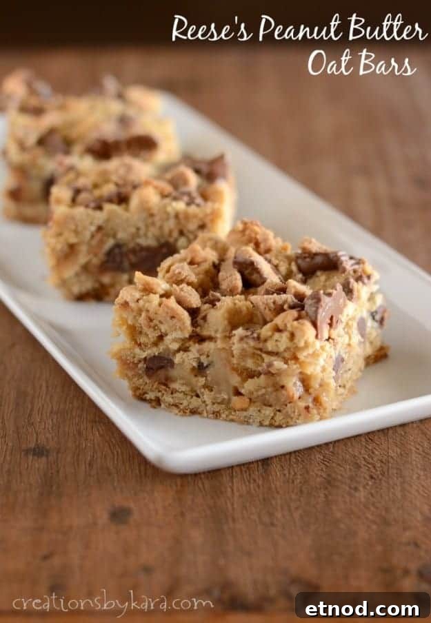 Reese's Peanut Butter Caramel Bars - Loaded with peanut butter, sweetened condensed milk, oats, and chocolate, these decadent bars are sure to satisfy any sweet tooth! Reeses Peanut Butter Oat Bars