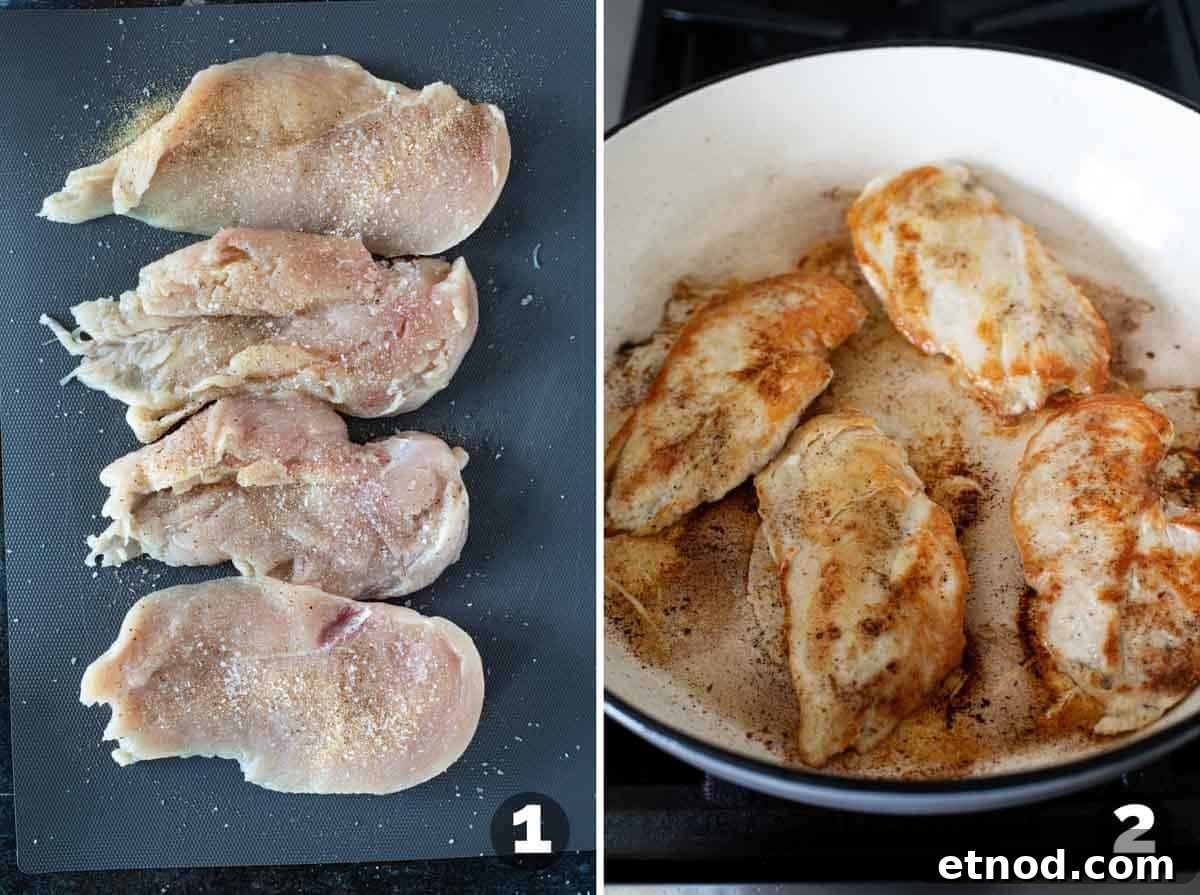 Creamy Milano Chicken Pasta Recipe for Weeknight Dinners 4 Cutting chicken breasts, and cooking in a large skillet.