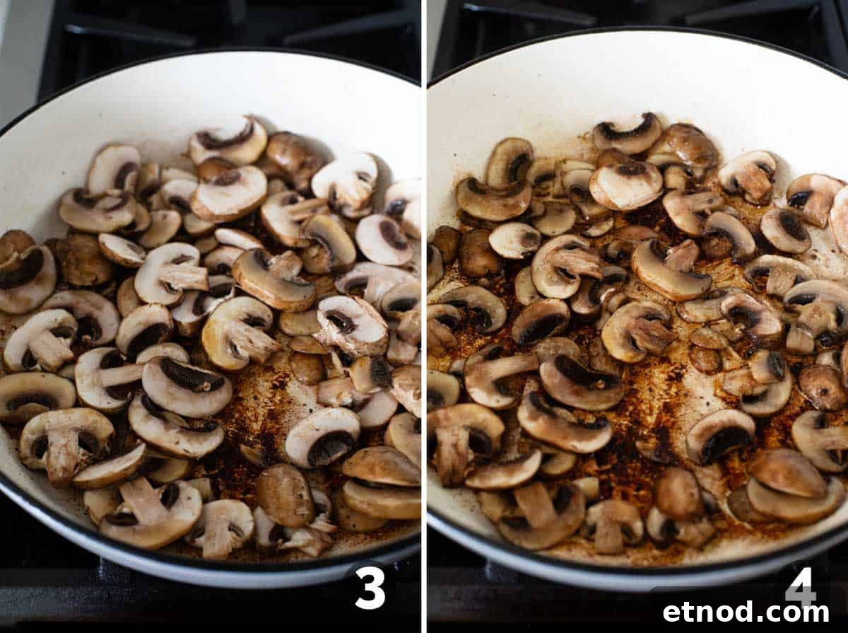 Creamy Milano Chicken Pasta Recipe for Weeknight Dinners 5 Cooking mushrooms in a large skillet.
