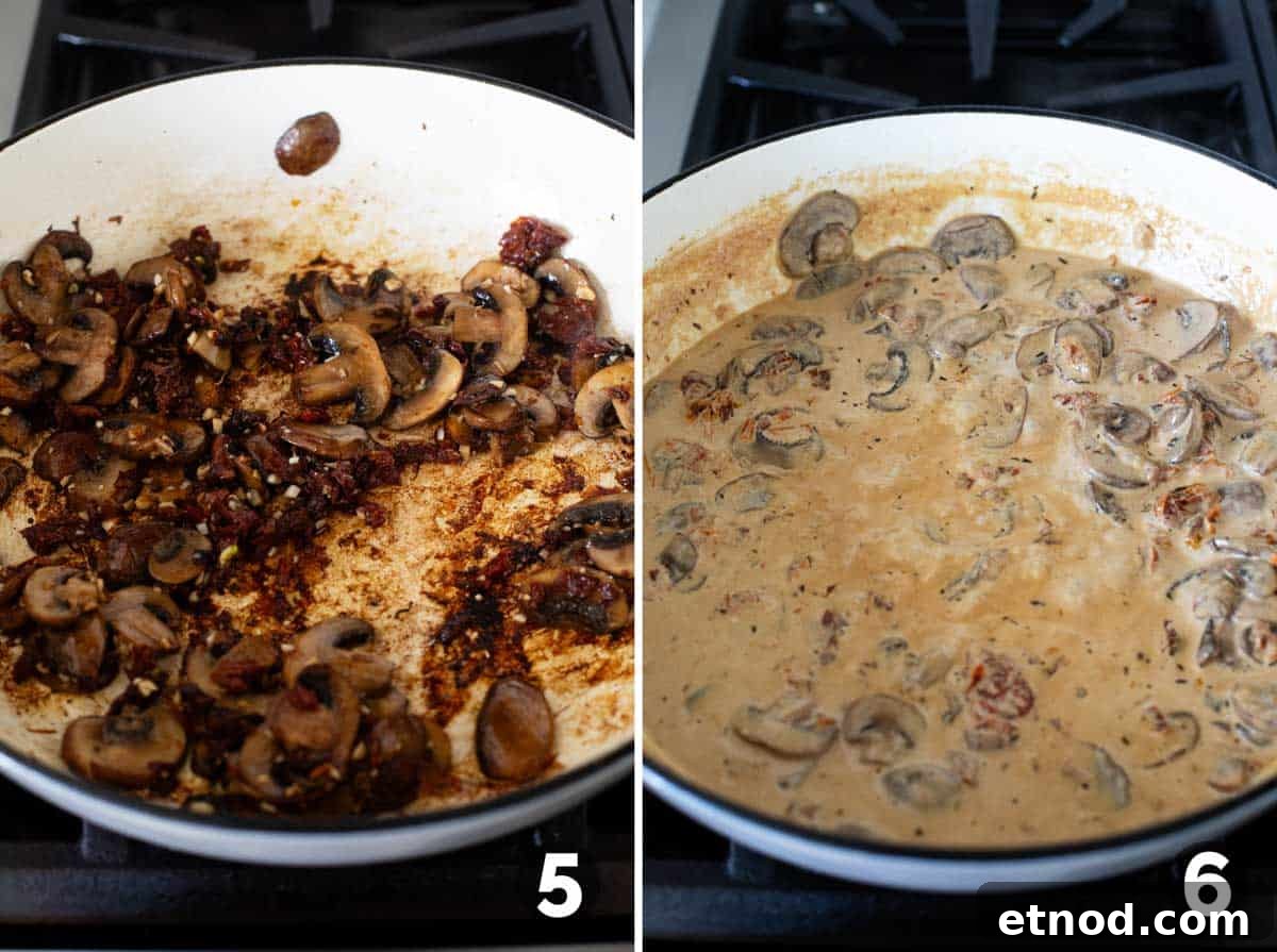 Creamy Milano Chicken Pasta Recipe for Weeknight Dinners 6 Adding sun-dried tomatoes and garlic to skillet, then adding liquid to make a creamy sauce.