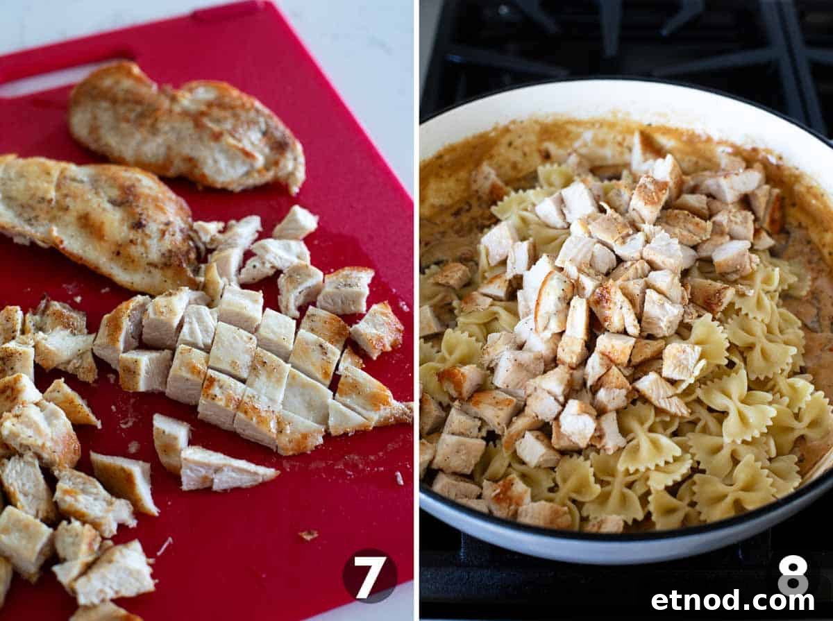 Creamy Milano Chicken Pasta Recipe for Weeknight Dinners 7 Dicing cooked chicken breast, and adding to cream sauce along with cooked pasta.