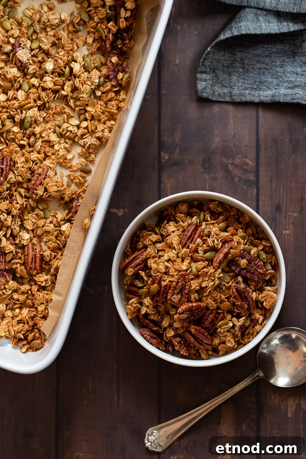 Cardamom Maple Pecan Granola — Oil-Free Homemade Recipe 2 Our Maple Pecan Granola in white bowl and baking dish