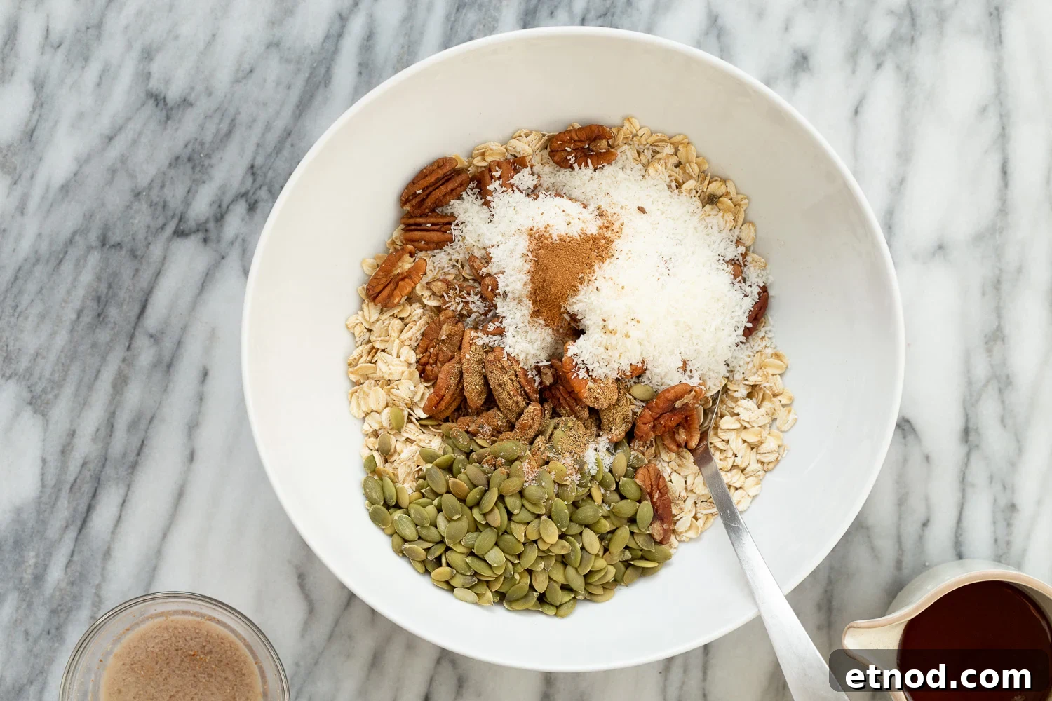 Cardamom Maple Pecan Granola — Oil-Free Homemade Recipe 4 Ingredients for our Maple Pecan Granola in a white bowl