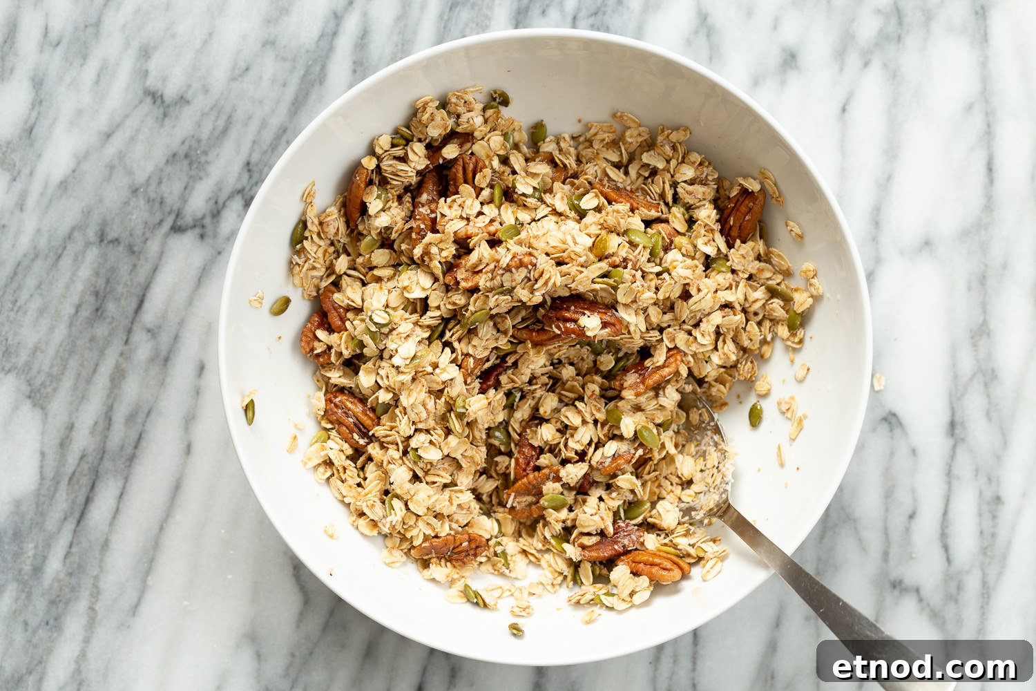 Cardamom Maple Pecan Granola — Oil-Free Homemade Recipe 6 Ingredients for our Maple Pecan Granola in a white bowl