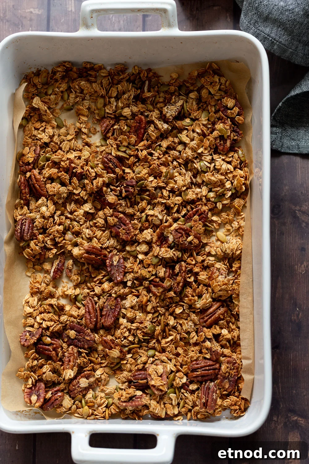 Cardamom Maple Pecan Granola — Oil-Free Homemade Recipe 8 Our Vegan Maple Pecan Granola in a white baking dish