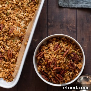 Cardamom Maple Pecan Granola — Oil-Free Homemade Recipe 9 Our Maple Pecan Granola in white bowl and baking dish