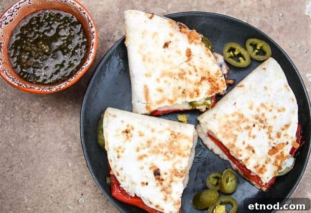 Roasted Red Pepper Quesadillas with Melty Cheese and Cilantro Lime Dip 3 Roasted Red Pepper & Jalapeno Quesadillas