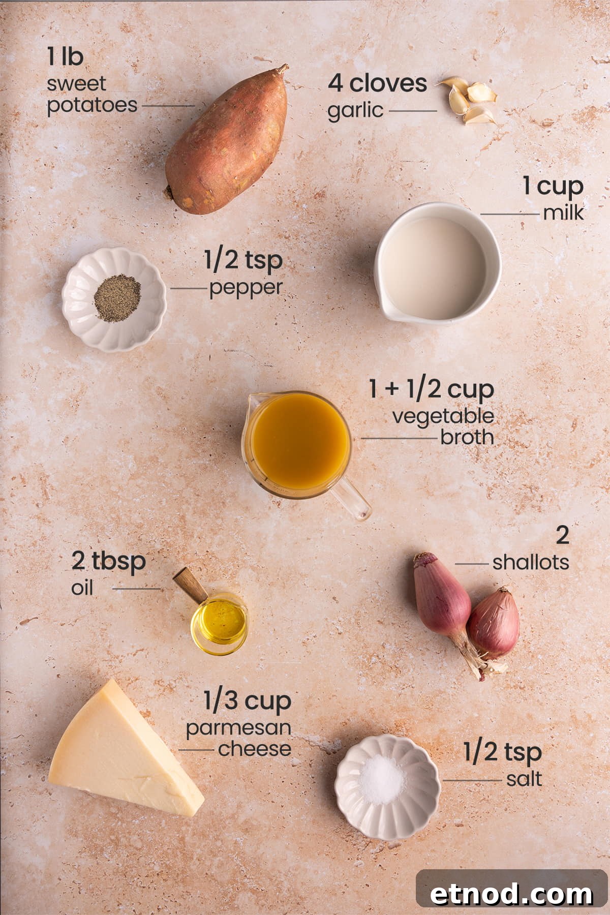 30-Minute Creamy Sweet Potato Pasta Sauce Recipe 3 all ingredients for Sweet Potato Pasta Sauce - sweet potatoes, garlic, pepper, vegetable broth, milk, oil, shallots, parmesan cheese, salt