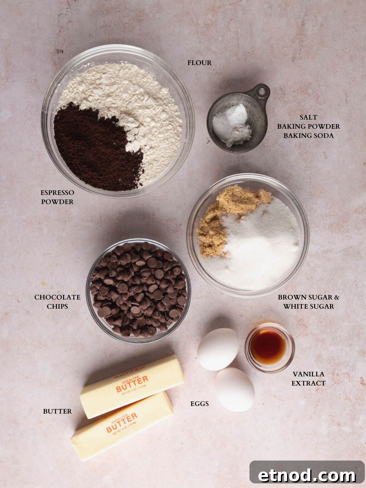 Ingredients for making chocolate chip espresso cookies.
