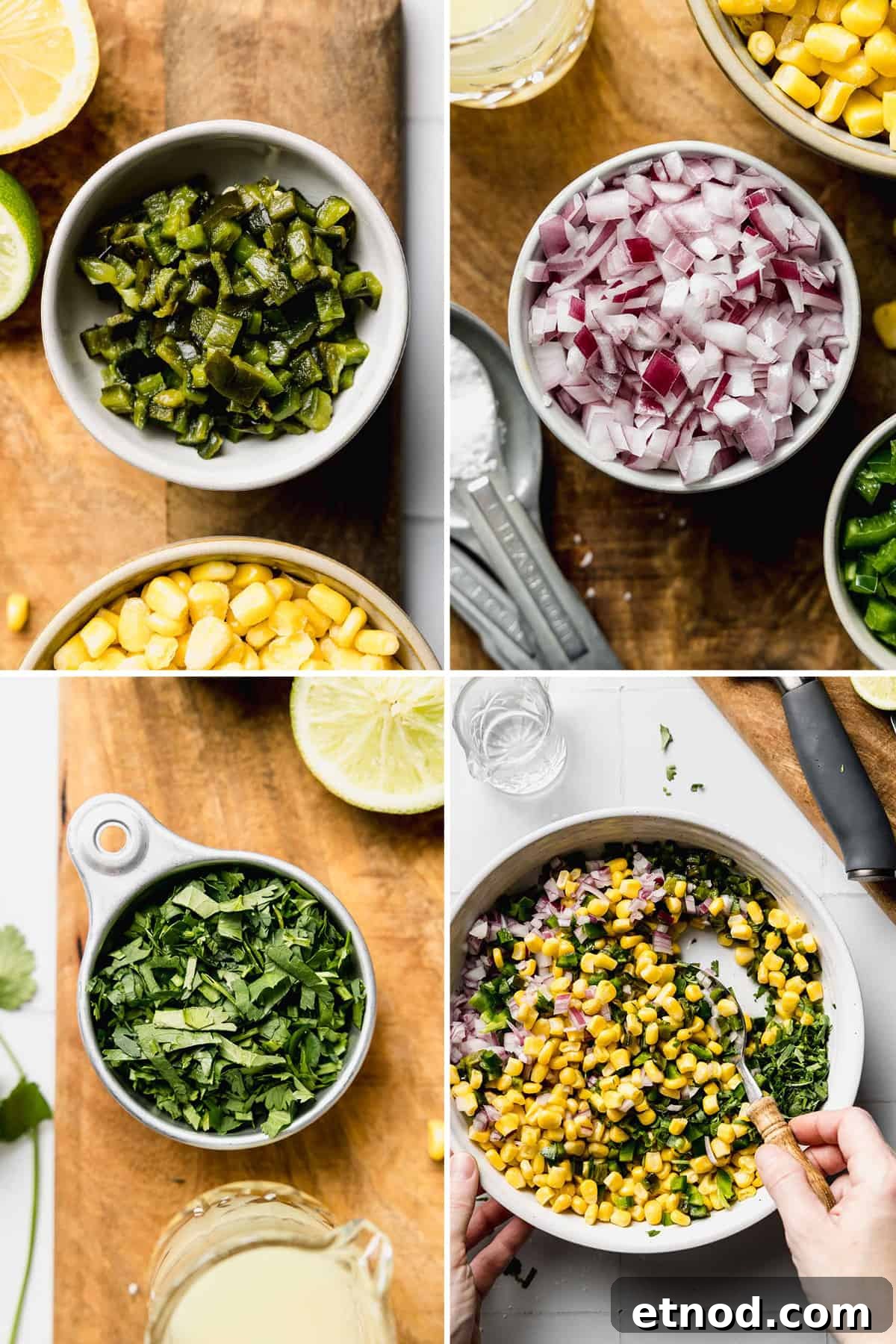 Finely diced ingredients in small bowls are stirred together in large bowl.