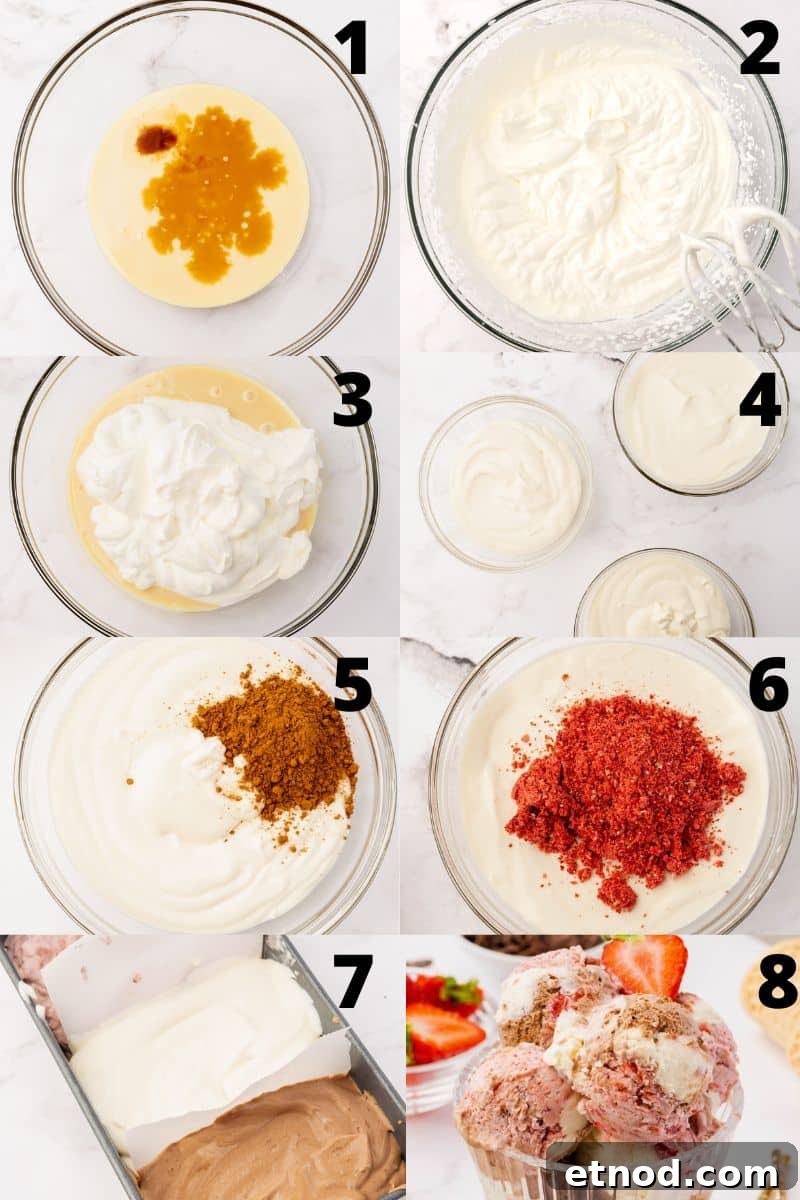 Homemade Neapolitan Ice Cream: Vanilla, Chocolate and Strawberry 4 a photo collage showing how to make neopolitan ice cream without an ice cream maker, step by step.