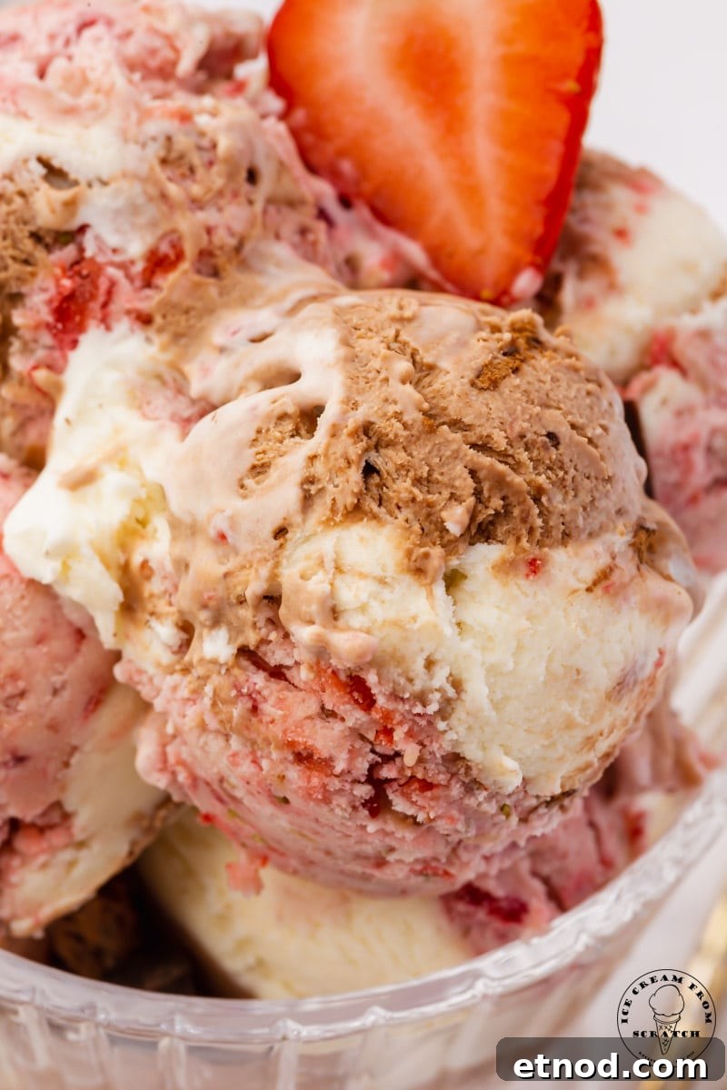 Homemade Neapolitan Ice Cream: Vanilla, Chocolate and Strawberry 6 Closeup view of scoops of homemade neapolitan ice cream
