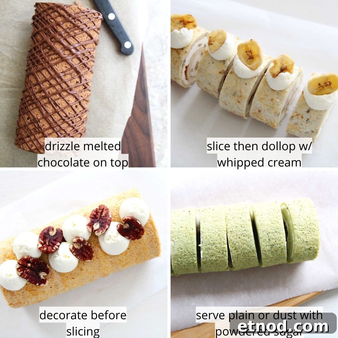 Flourless Banana Swiss Roll: Low-Sugar, Lower-Carb Recipe 7 collage image - how to decorate roll cakes ideas
