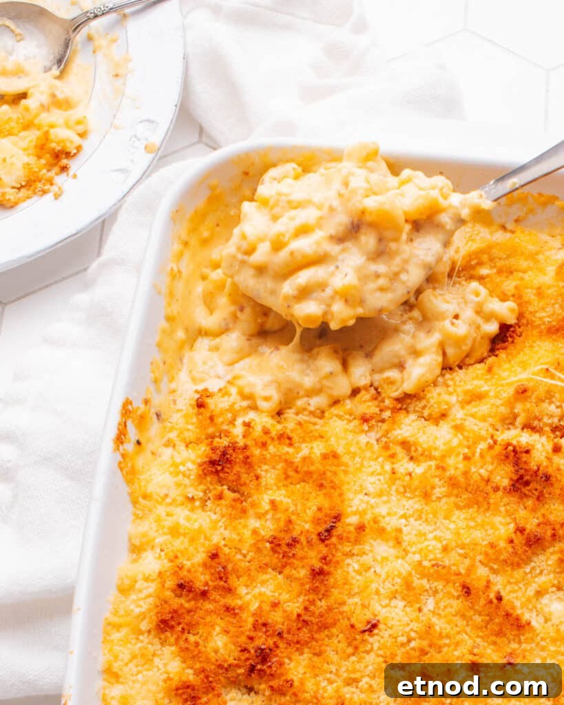Old Fashioned Baked Macaroni and Cheese with a spoon scooping some out.