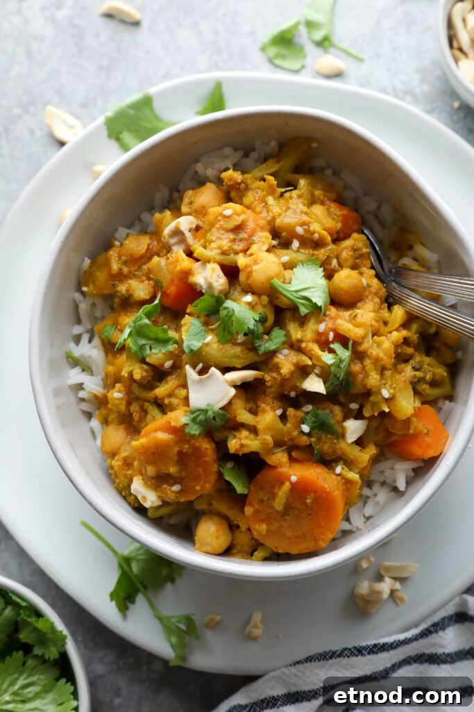 Creamy Vegan Vegetable Korma Recipe — Flavorful Indian Curry 10 Vegan Vegetable Korma served with spoons, cilnatro, and cashews by Flora & Vino