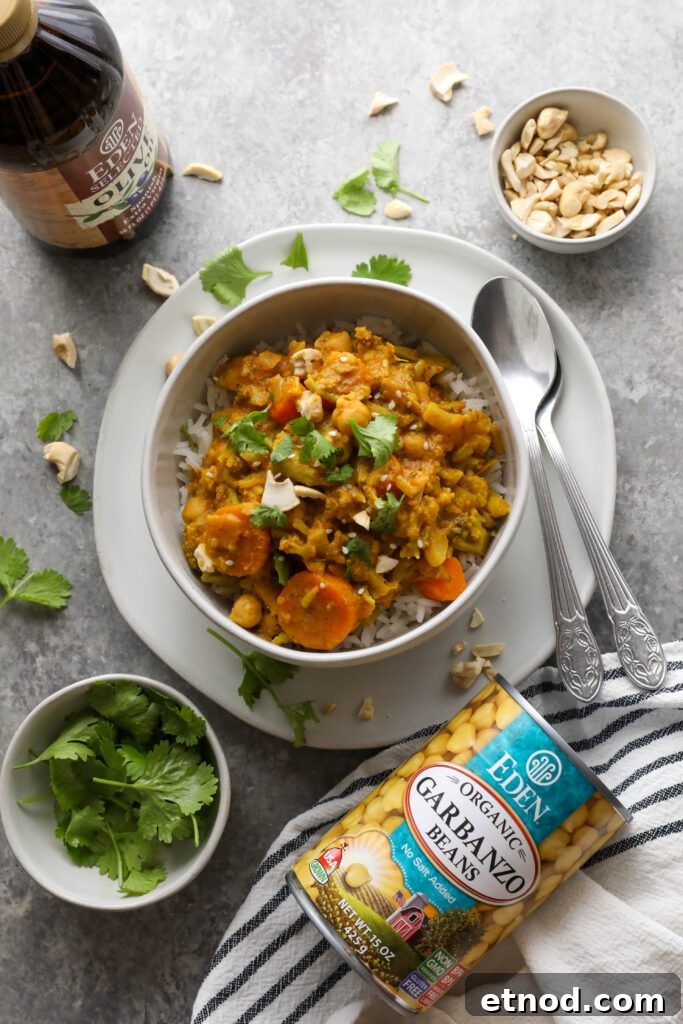 Creamy Vegan Vegetable Korma Recipe — Flavorful Indian Curry 8 Vegan Vegetable Korma served with spoons, cilnatro, and cashews by Flora & Vino