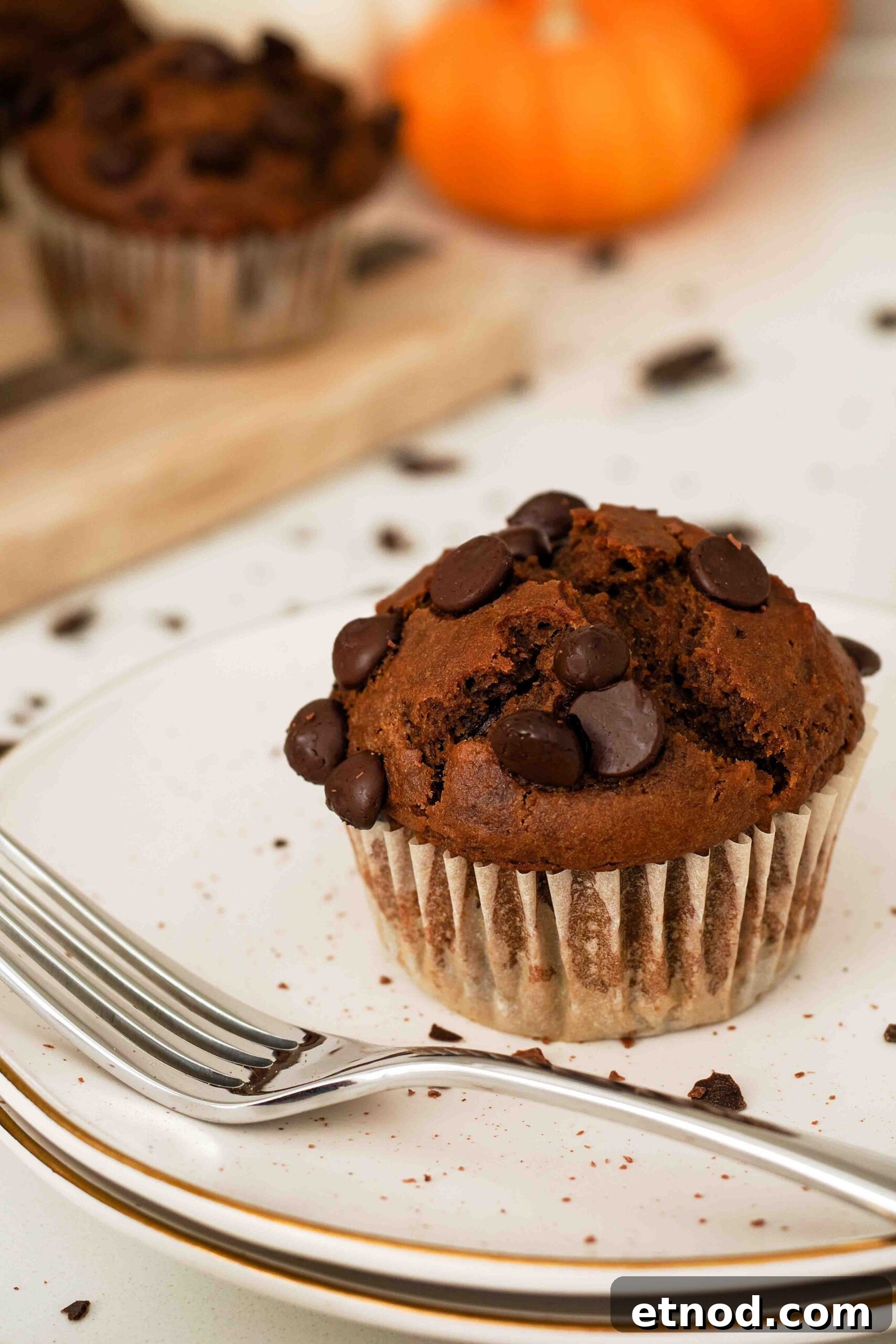 Chocolate Pumpkin Muffins with Melty Chips — Fall Baking Recipe 2 A closeup of a chocolate pumpkin muffin with a pumpkin in the background.