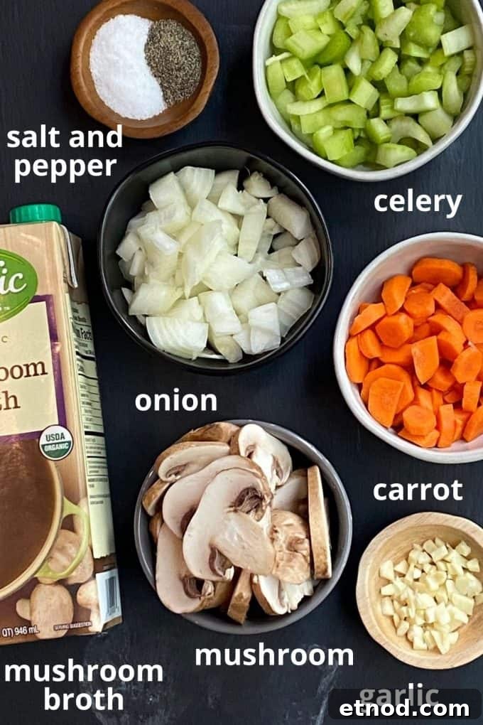 An overhead view of mushroom barley soup ingredients; Salt and pepper, celery, onion, carrot, mushroom, mushroom broth, and garlic