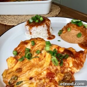 A plate with an omelette topped with sauce and chopped green onions, a mound of white rice with sauce, and a tofu puff also garnished with sauce and green onions. A baking dish with more food is in the background.