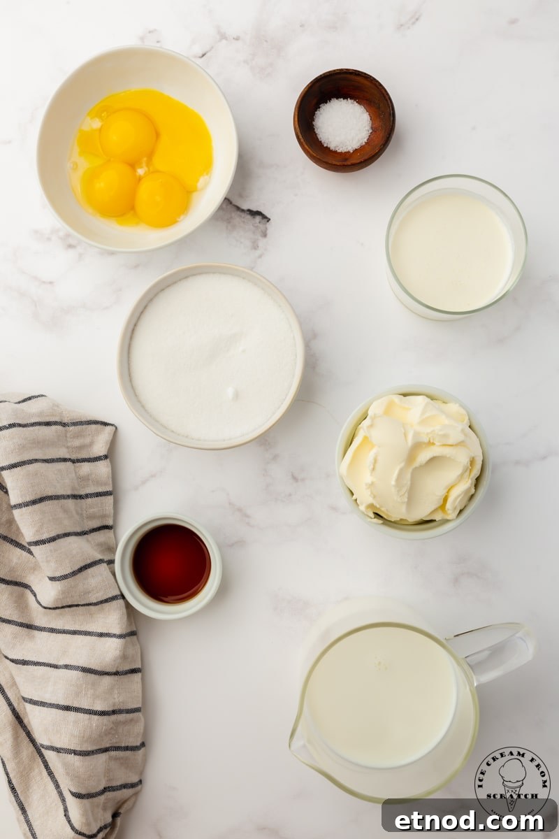 Creamy Mascarpone Gelato Recipe: Rich, No-Churn Dessert 3 The ingredients in homemade mascarpone ice cream, including egg yolks, cream, sugar, and vanilla. Each ingredient is measured into it's own small bowl and arranged on the counter, viewed from overhead.