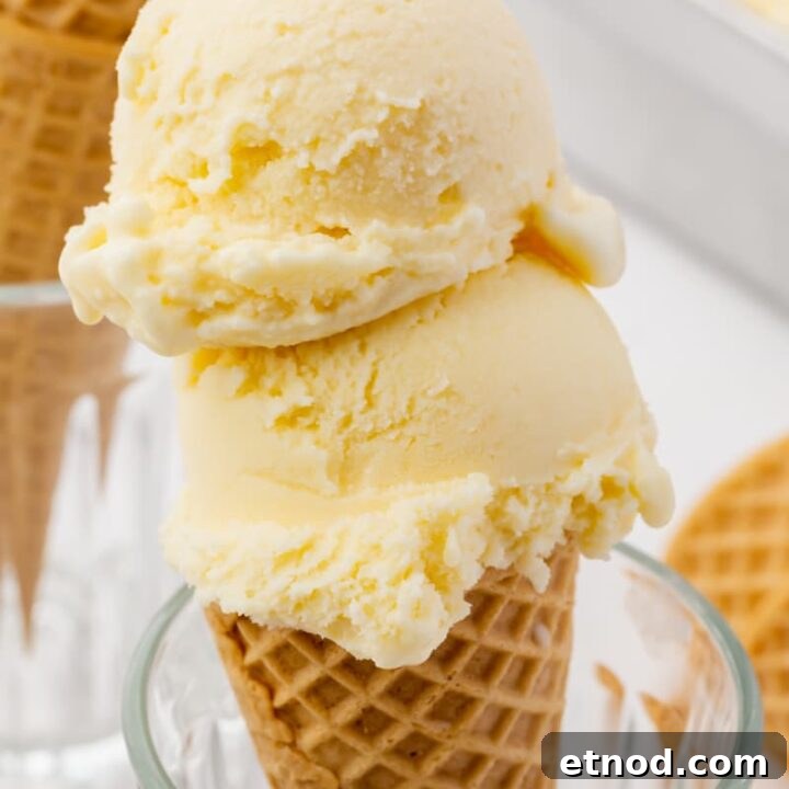 smooth, cream-colored mascarpone ice cream, two scoops on top of a sugar cone that is propped up in a glass.