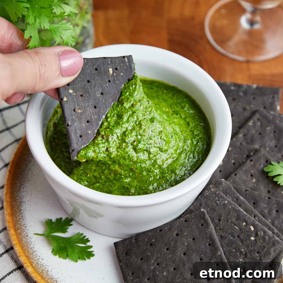 Photo of a bowl of zhoug on a plate with black crackers