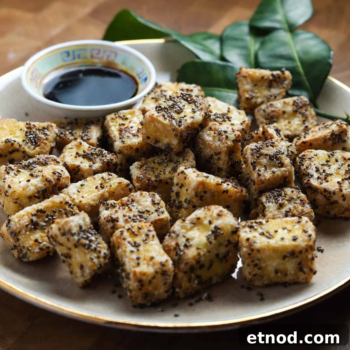 Crispy Air Fryer Tofu Coated with Chia Seeds for Extra Crunch 3 photo of crispy air fried tofu cubes on a plate with a bowl tamari dipping sauce.