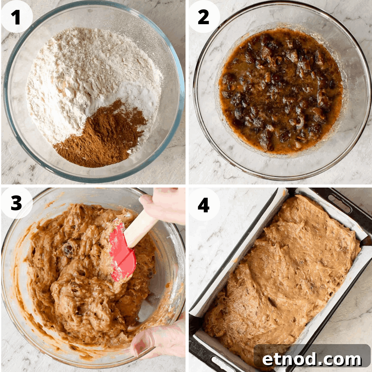Moist Date and Walnut Bread Recipe for Homemade Comfort 4 A 4 image collage of the steps to make the recipe