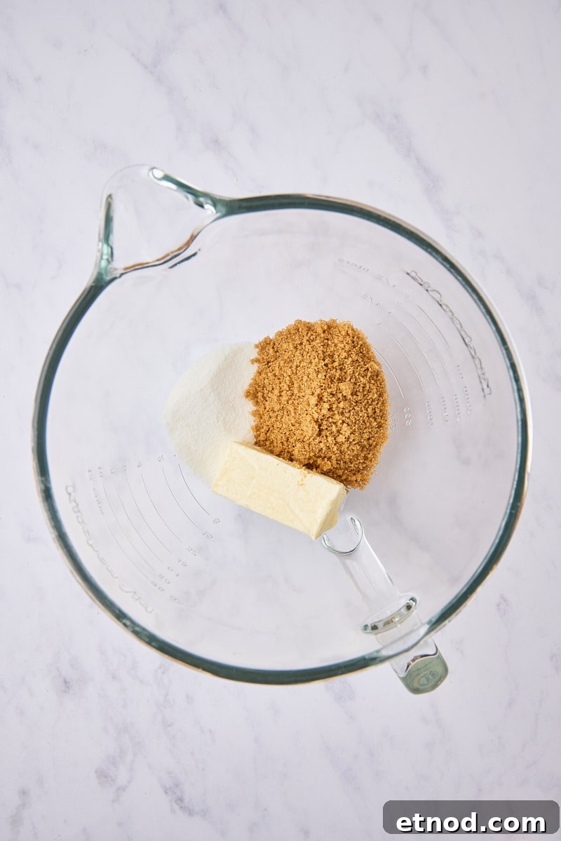Brown Butter Chocolate Chip Cookies with Extra Chewiness 4 Butter, sugar, and brown sugar in glass mixer bowl