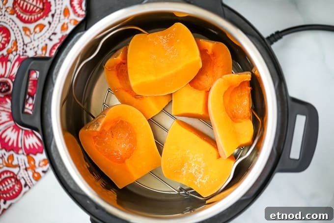 Instant Pot Butternut Squash Cut butternut squash on inner rack inside instant pot.